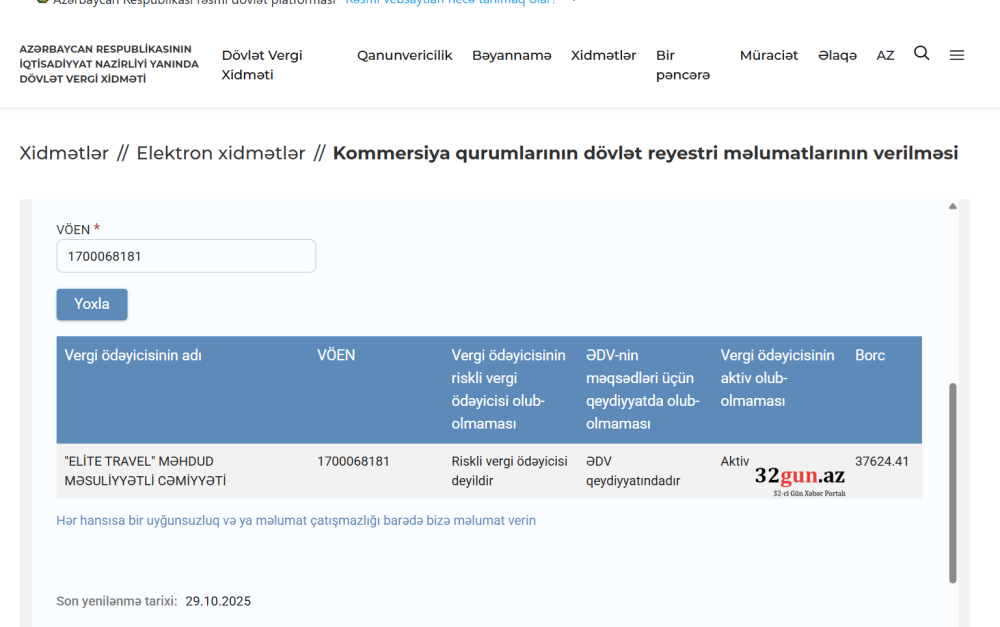 "ELİTE TRAVEL" şirkətinin vergi borcu yaranıb
